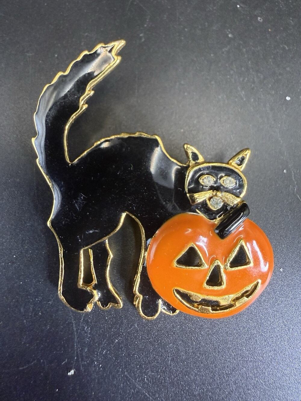 Vintage Enamel Halloween Black Cat Orange Pumpkin Pin Brooch Rhinestone Accent